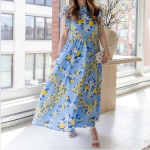 Ann Taylor Blue Lemon Print Ruffles Midi Dress Size L Petite NWT